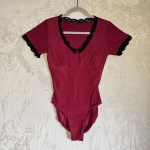 Vintage Bodysuit Crotch Snap Deep Red Lace Trim Med Corrina Fashions USA Union